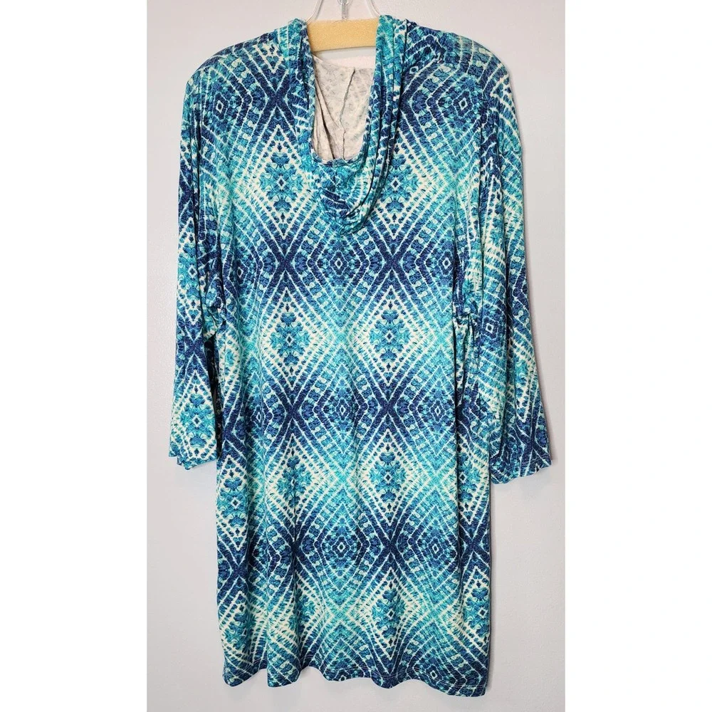 Portocruz Hooded Swim Tunic Cover Up Women L Blue Ikat Geometric 3/4 Sleeve